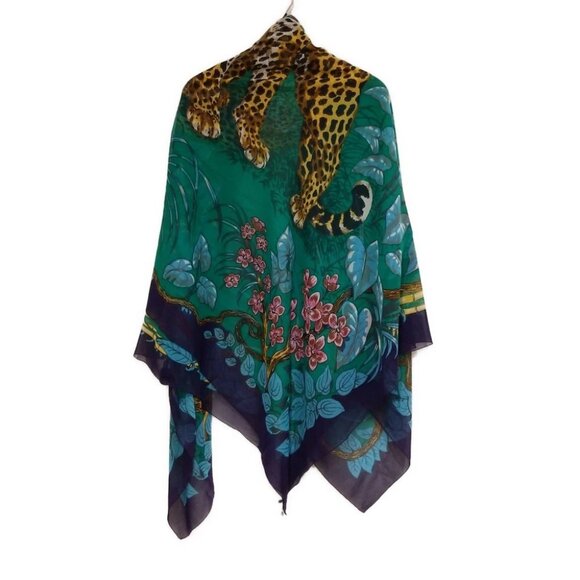 Auth HERMES Green Dark Navy Multi Cotton Scarf - Picture 2 of 7